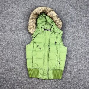 Abercrombie & Fitch Vest Womens Large Green Down Puffer Hooded Fur Trim Quilted